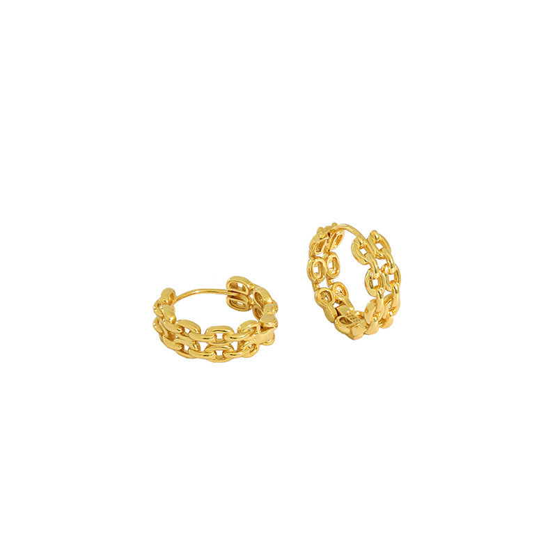 petite gold chain link hoop earrings worn on model ear