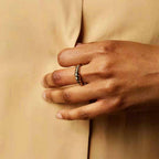 gold slim sculptural ring stacking with other rings