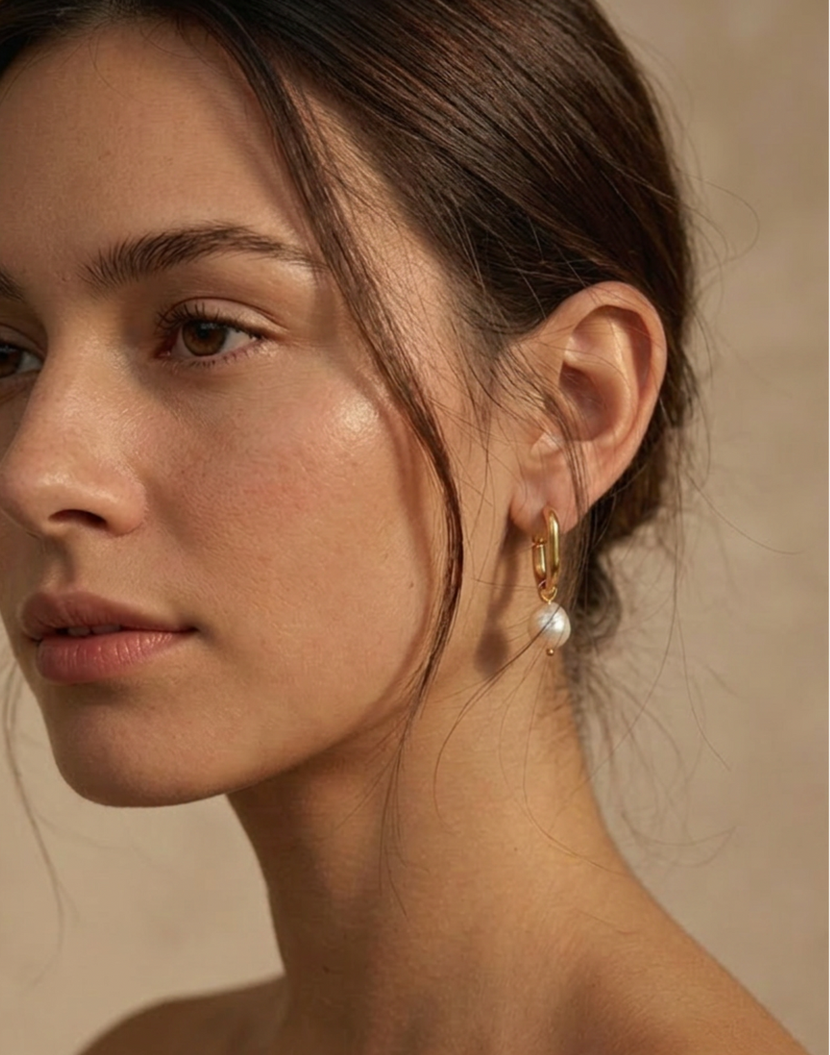 waterproof gold pearl hoop earrings worn on model gym-proof