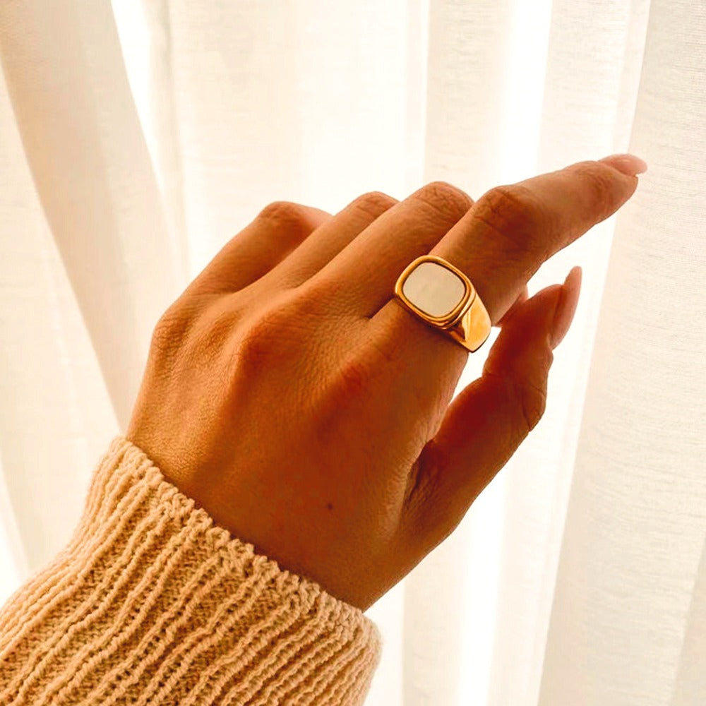 wide signet ring stacking styling shot waterproof
