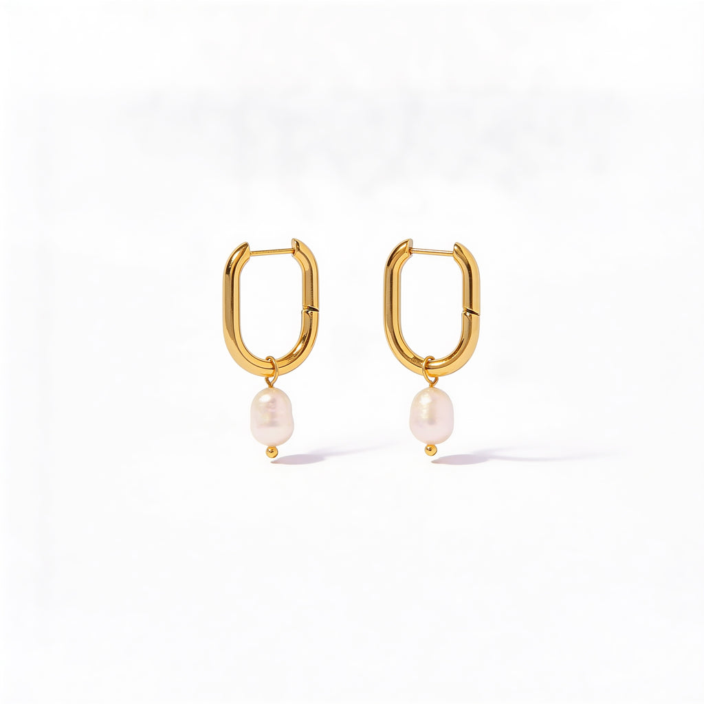 18K gold oval pearl hoop earrings waterproof PVD - Kaiya London