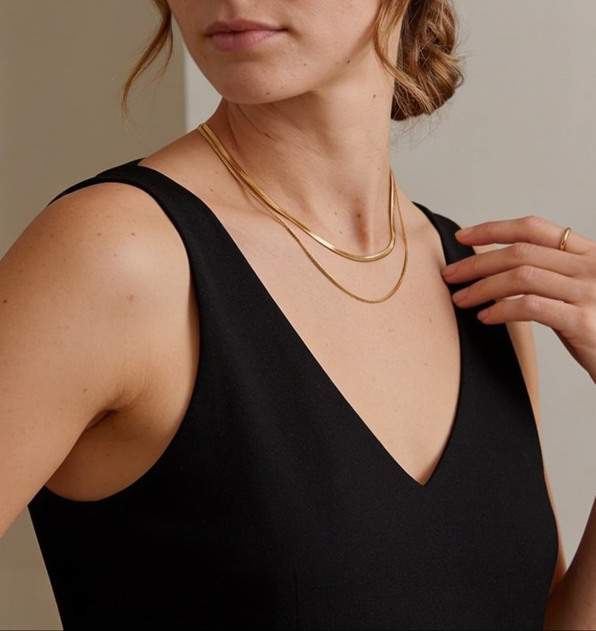 18k gold double herringbone stacking necklace worn on model - Kaiya London