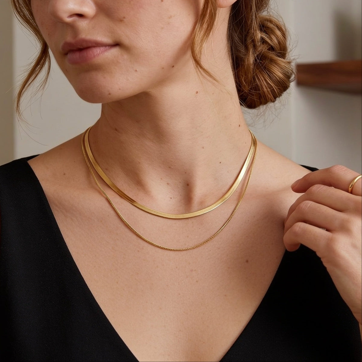 18k gold double herringbone stacking necklace close-up detail - Kaiya London