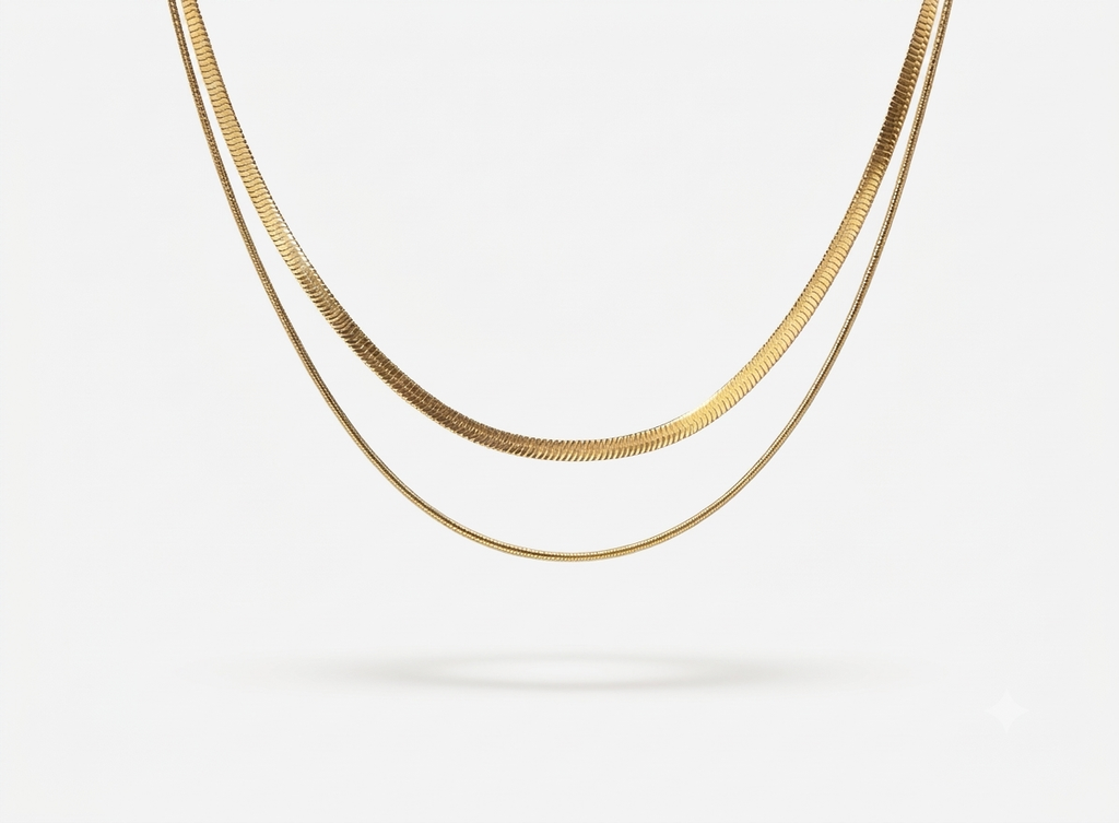 18k gold double herringbone stacking necklace waterproof hypoallergenic - Kaiya London
