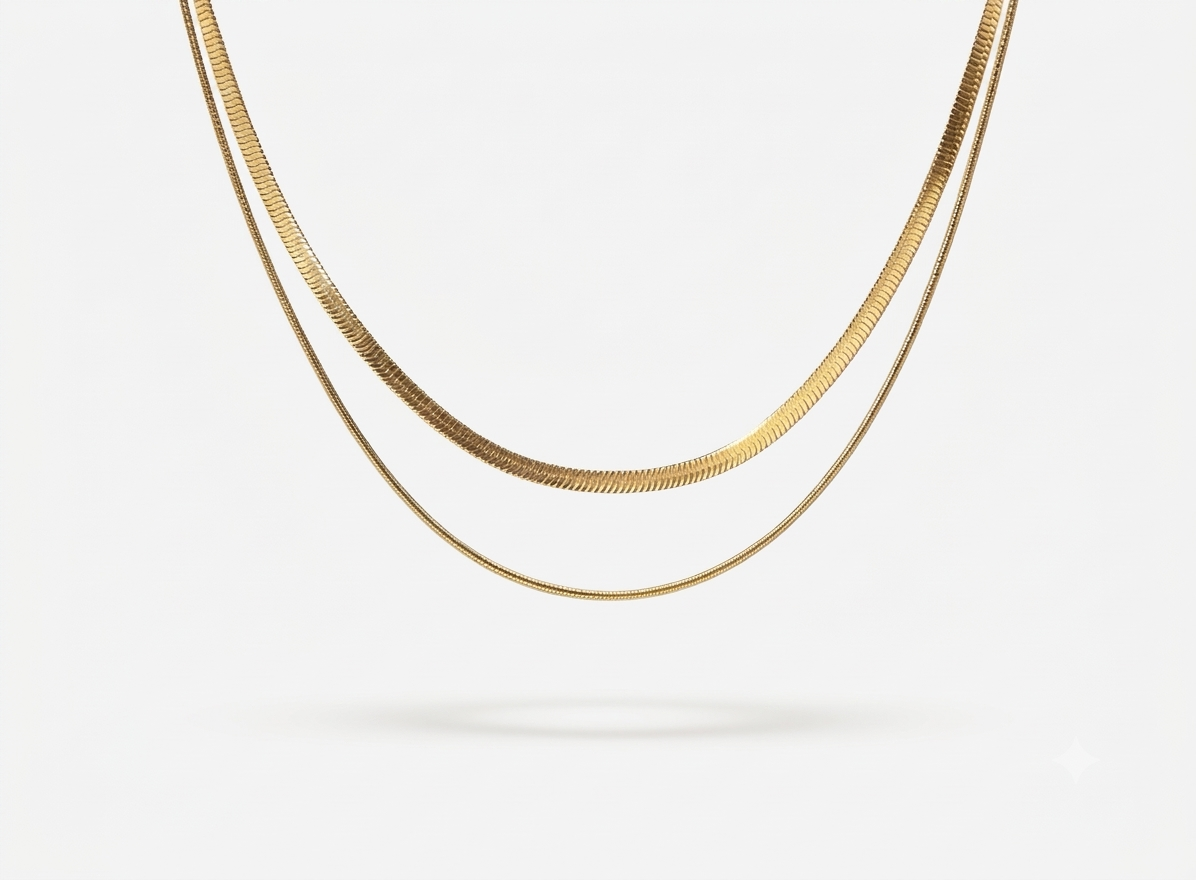 18k gold double herringbone stacking necklace waterproof hypoallergenic - Kaiya London