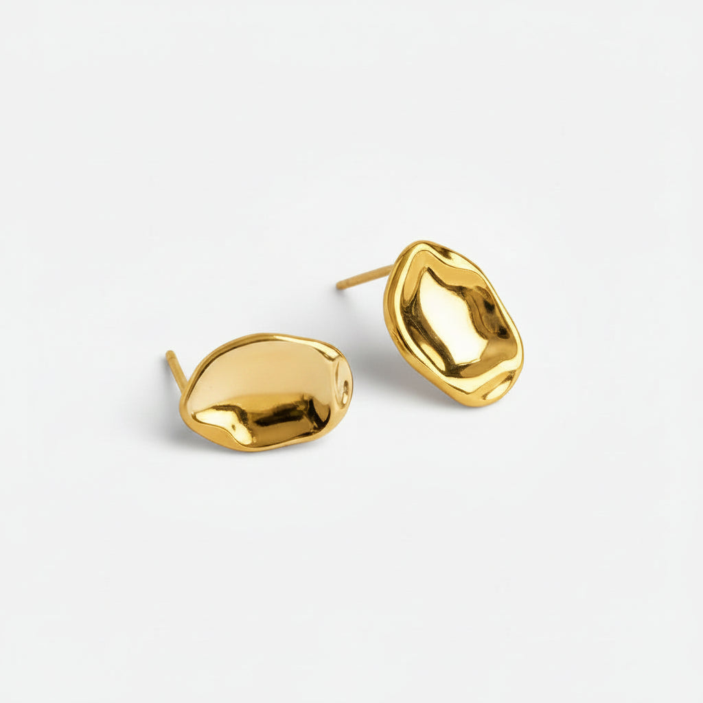 gold nugget stud earrings close up shiny hammered finish