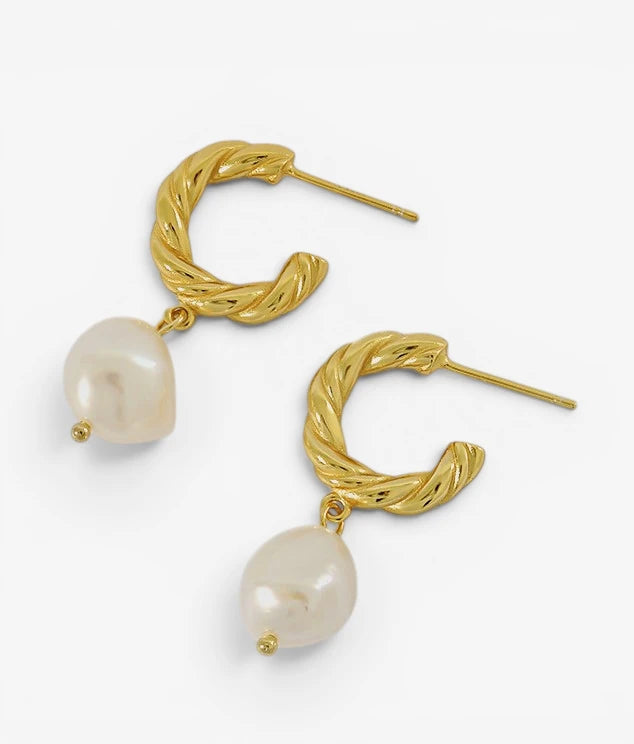 18k gold huggie hoop earrings with freshwater pearl drop - Kaiya London